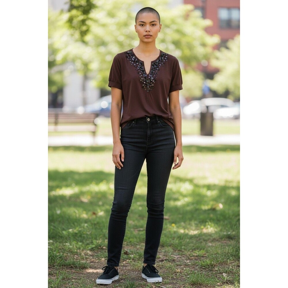 GAP  V-Neck Blouse Browb Cuffed Puff-Sleeve Metallic Sequins Size S